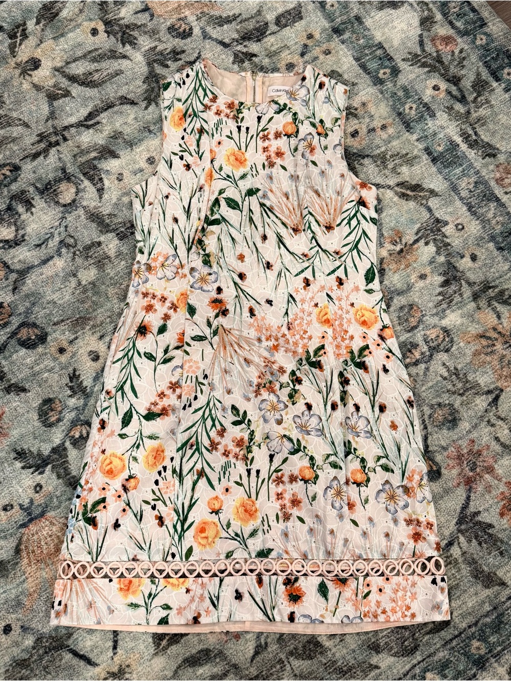 Calvin Klein Floral Embroidered Sleeveless Dress in Blush and Blue